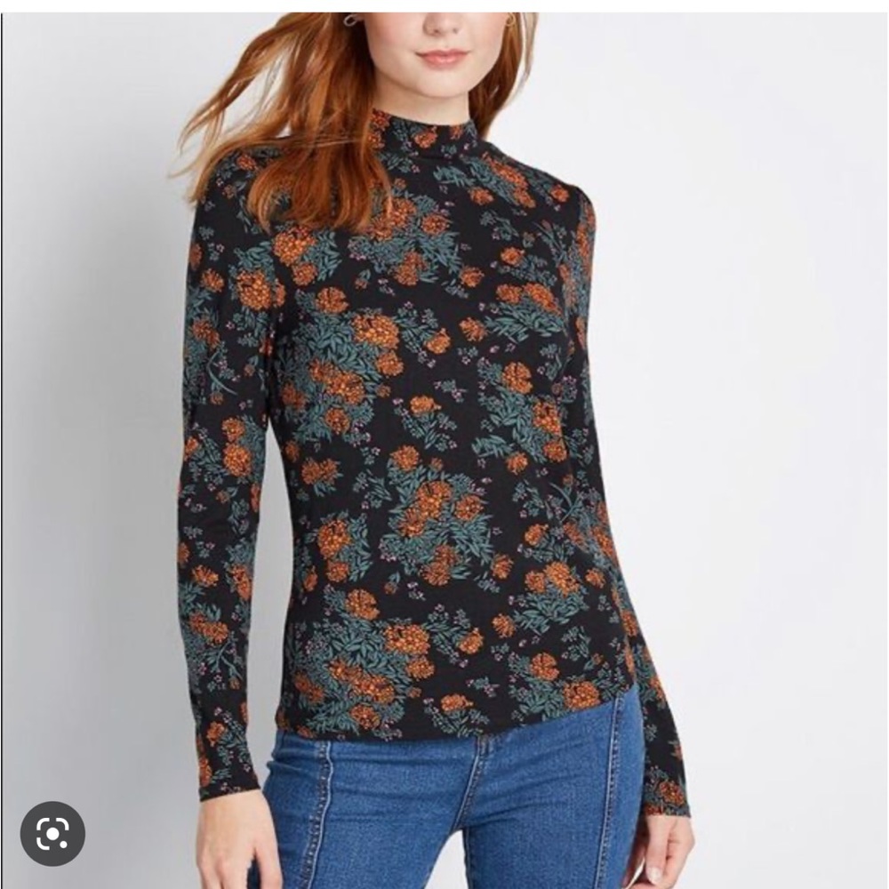 Black Floral Mock Neck Top Modcloth plus green orange